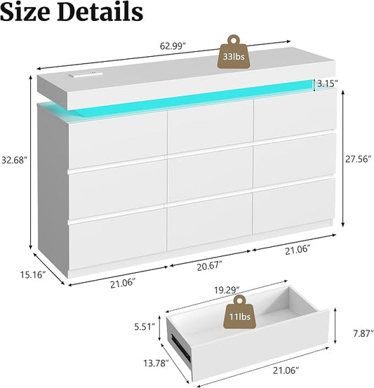 Vipbear 9 Drawer Dresser for Bedroom 63" White Dresser with LED RGB Lights | Double Modern Wood Chest of Drawers for Closet w/ Charging Station Organizer Closet Storage Cabinet TV Stand for Living Room