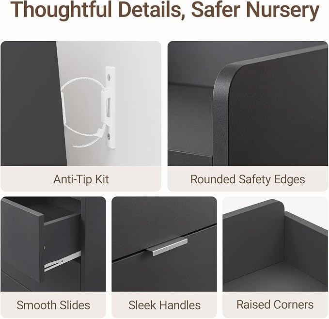 MAMAZING Keeva Pro 6-Drawer Baby Dresser with Changing Table, Easy Assembly | Black Wooden Nursery Dresser, Anti-Tip Design & Adjustable Feet, Dresser for Bedroom, Kids & Toddler Storage, 44" Wide