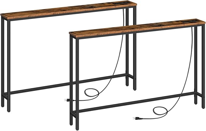 HOOBRO 2 Pack 5.9" Narrow Console Table with Power Outlets, 47.2" Behind Couch Table with Charging Station, Long Sofa Side Table, Skinny Entryway Table for Living Room, Rustic Brown BF15XGP201G1