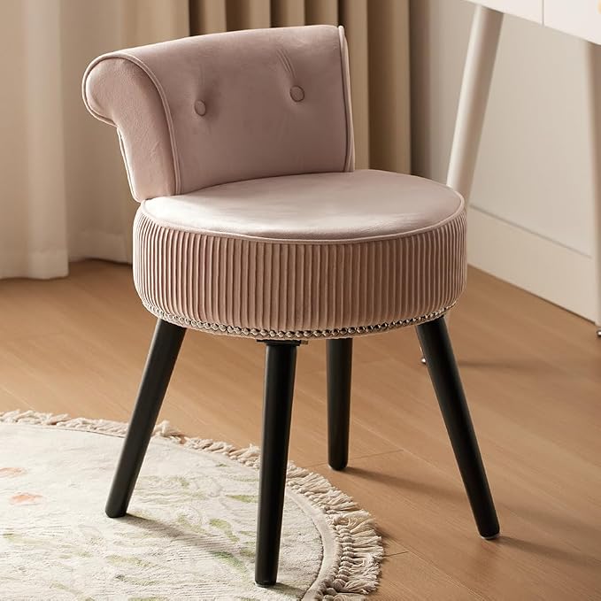 Vanity Chair with Back, Velvet Stool with Low Backrest & Silver Nailhead Trim, Round Vanity Seat for Bedroom and Bathroom Makeup, Support 220lbs, Easy Assembly (Pink)