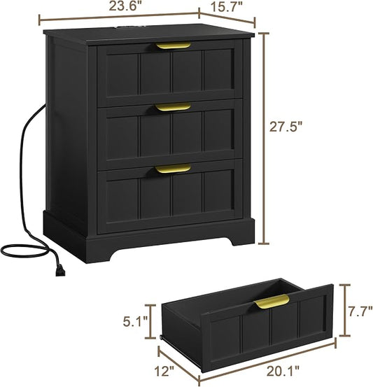 ChooChoo Black Nightstand Set of 2, 3 Drawer Night Stand with Charging Station, Larger Bedside Table with USB-C Port, Modern End Table with Storage for Bedroom