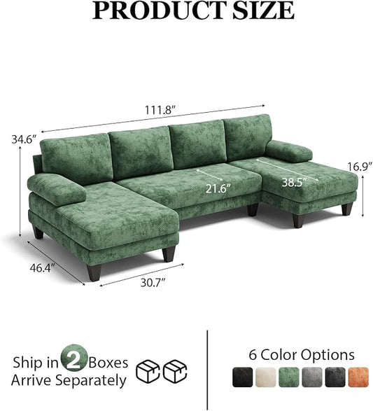 U-Shaped Sectional Couches for Living Room | 112 Inch Modern Sectional Couch | Green Chenille Sofa with Double Chaise for Apartment