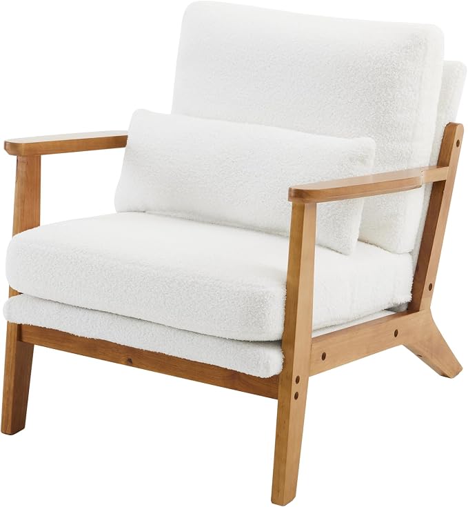 VINGLI Solid Wood Wide Armrests Accent Chair Set of 2,Upholstered Mid Century Modern Chair with Pillow,Farmhouse Arm Chair Comfy Reading Chair,Chairs Living Room,Bedroom,Guest Room,Teddy Fleece,White