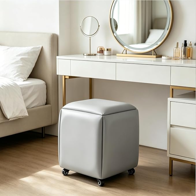 5 in 1 Nesting Ottoman Cube Chair, Stackable Stools, Leather Square Ottoman Bench, Foot Stool with Wheels for Living Room,Dining Room 15.75x15.75x16.54 inches