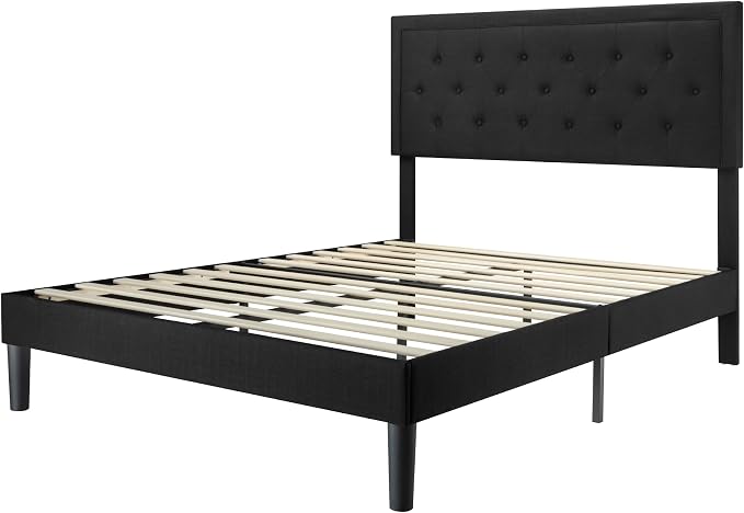 Allewie Queen Size Upholstered Platform Bed Frame with Adjustable Headboard, Button Tufted, Wood Slat Support, Easy Assembly, Black