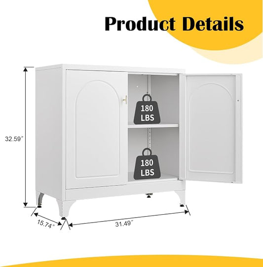 SteeLoong Metal Sideboard Buffet Cabinet with Storage,33 Inch Coffee Bar Cabinet with Adjustable Shelf, White Kitchen Sideboard Cabinets for Dining Room, Living Room