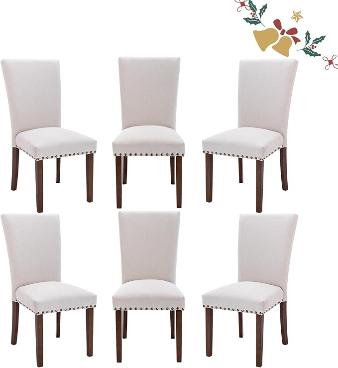 Set of 6 Beige Upholstered Dining Chairs, Farmhouse Kitchen Chairs with High Back, Solid Rubberwood Legs, Comfortable Padded Foam Seat, Bronze Nailhead Trim, Dining Room Chairs for Large Families