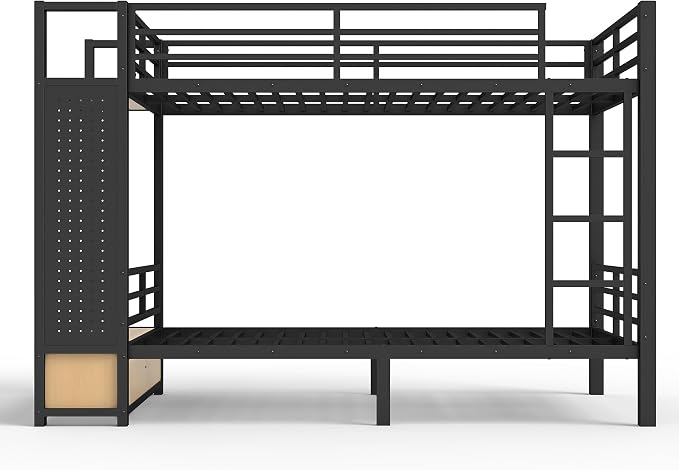 DNYN Twin XL Over Twin XL Metal Bunk Bed with 2 Drawers and Built-in Wardrobe for Teens Bedroom/Dorm/Staff Housing, Space-Saving Bed Frame with Storage Shelves and Pegboard, No Box Spring Needed