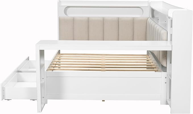 Bellemave Full Upholstered Daybed with Desk and Drawers and USB/LED Belt, Corner Bed with Trundle, L-Shape daybed for Bedroom Living Room, White(Linen)