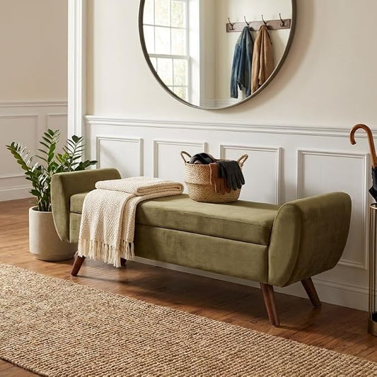 HomePop 60" Modern Storage Bench with Wood Legs - Light Sage Green Velvet