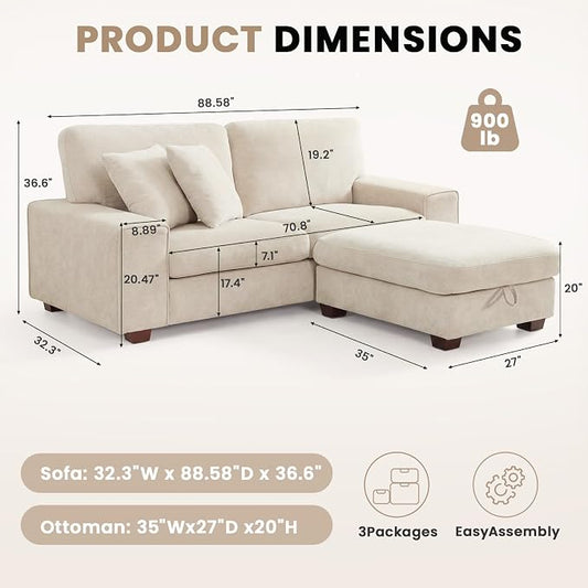 DOPEDIO L-Shaped Sectional Sofa with Storage Ottoman, Modern Chenille Recliner Loveseat, Removable Couch Covers, Pocket Spring Cushions, Solid Wood Frame, Easy to Install (88.58inch, Beige)