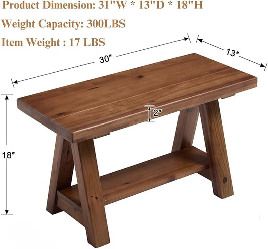 Solid Wood Entryway Bench, 30" Rustic Small Storage Bench 2-Tier Farmhouse Wooden Bench with Shelf Narrow Bench Seat Indoor for Entryway, Living Room, Dining Room, Hallway, Walnut