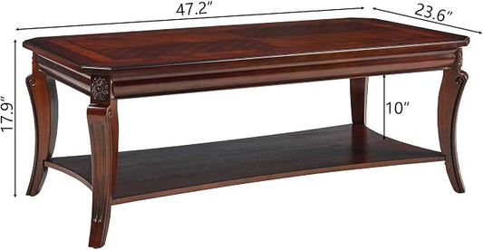 Rectangle Coffee Table for Living Room, Solid Wood Coffee Table with Storage Shelf, Traditional Distressed Farmhouse Style with Shelf, Solid Hardwood Rustic Center Table for Living Room, Cherry 1168WD