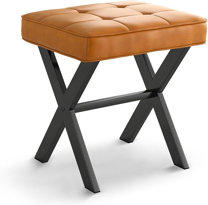 LUE BONA Vanity Stool, Faux Leather X-Leg Foot Stool, Small Ottoman Makeup Stool Chair for Vanity, Modern Padded Foot Rest Vanity Seat for Makeup Room, Bathroom, Whiskey Brown