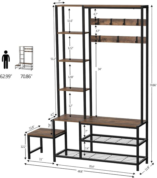 Espelism Hall Tree with Shoe Storage Bench Coat Rack with 7 Hooks Interchangeable 4 Tier Side Storage Shelves Small Cute Side Bench Industrial 5-in-1 Entryway Coat Rack for Hallway Mudroom Bedroom