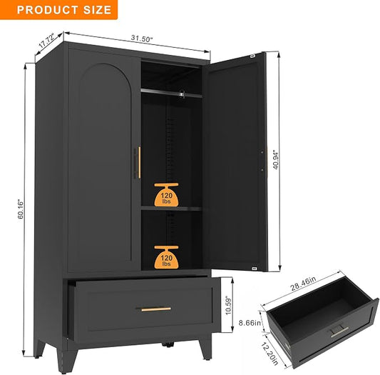 Anwick Metal Wardrobe Closet, 60" Tall Black Metal Wardrobe Cabinet with Hanging Rod, 1 Drawer, 2 Doors and Adjustable Shelf for Bedroom Guest Room Laundry Room