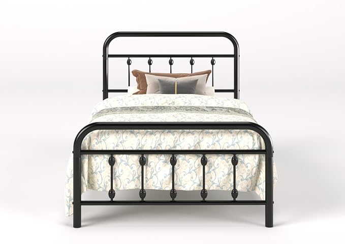 SHA CERLIN Twin Size Metal Platform Bed Frame with Victorian Style Iron-Art Headboard and Footboard, Easy Assembly, Under Bed Storage, No Box Spring Required, Black