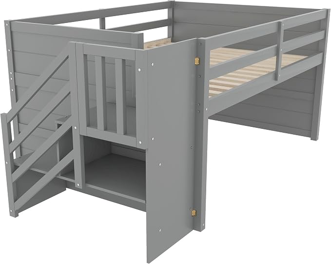Bellemave Full Size Low loft Bed for Kids,Wood Loft Beds,Modern Farmhouse Full loft Bed,Loft Bed with Desk and Storage, No Box Spring Needed,for Kids, Gray
