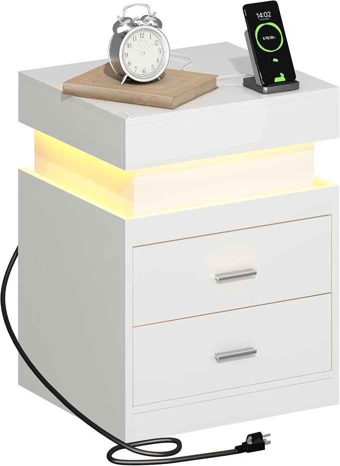 ChooChoo LED Nightstand Set of 2,Smart Night Standwith Charging Station and Sliding Top Storage, White