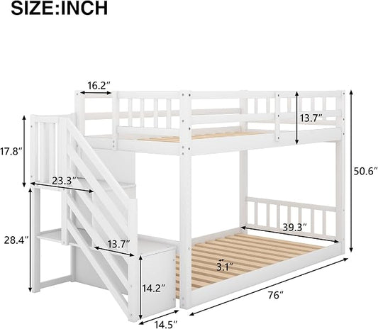 Twin Over Twin Low Bunk Bed with Ladder and for Storage Staircase for Teens, Boys or Girls, No Box Sping Needed