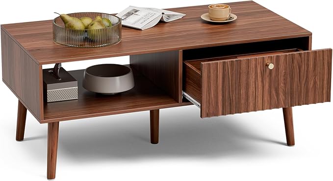 LCRBOL Coffee Table with Fluted Drawer, Mid-Century, Walnut | 39.3"W x 19.7"D x 17.1"H, 1 fluted drawer & open shelf, golden handle, 5 legs, ~45 min assembly