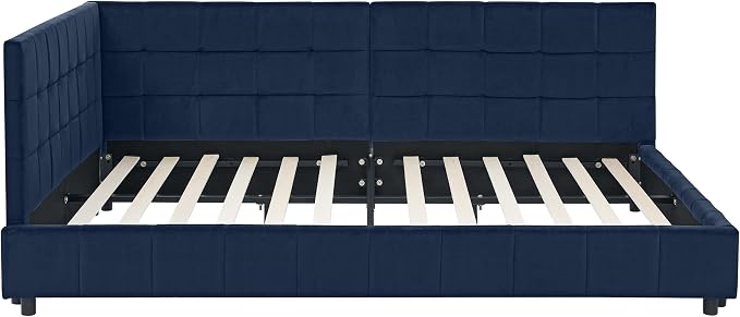 Bellemave Full Size Corner Bed Frame with Comfortable Backrest and Armrests, Velvet Tufted Corner Bed Frame Full Size, Upholstered Daybed for Bedroom, Living Room, Guest Room, Dark Blue