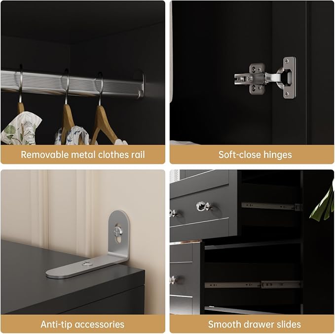 VOWNER Armoire Wardrobe Closet with Drawers and Mirror, 71" Clothing Storage Cabinet with Hanging Rod, 2 Doors Wooden Wardrobe Cabinet for Bedroom, Large Capacity Storage