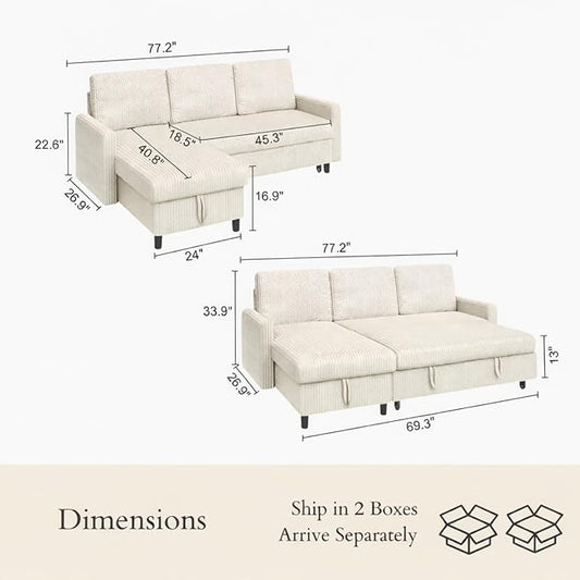 JAMFLY Pull Out Sleeper Sectional Sofa, L Shaped Corduroy Couch with Hidden Storage, Convertible Sofa Bed for Small Living Rooms and Apartments, White