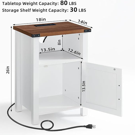 Joaxswe Nightstand with Charger Station and USB Port, 18 Inch Farmhouse Night Stand with Storage Shelf, Modern Couch Side Table with Magnetic Door, Bedside Tables for Bedroom, Home, Antique White