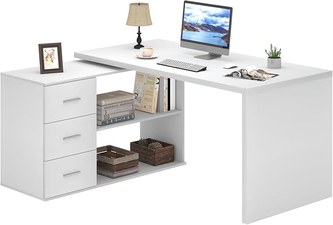 HSH White L-Shaped Computer Desk with 3 Drawers and 2 Shelves, Reversible Home Office Corner Desk for Writing Study Work Executive, 55 Inch Bedroom Wood Table Workstation Desk with Storage Cabinet