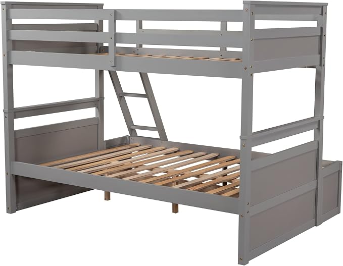 Twin Over Full Bunk Beds with 2 Under Bed Storage Drawers, Stronger & More Stable Bunkbed, Gray