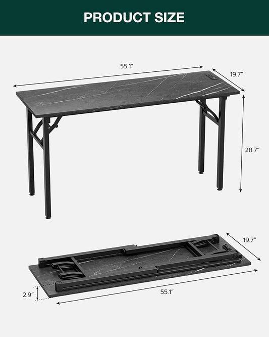 Frylr Small Folding Computer Desk – 55.1 Inch Portable Table for Craft and Study, Lightweight Desk for Small Spaces, Foldable Laptop Table Built-in AC/USB Outlets for Convenience, Marble Greige