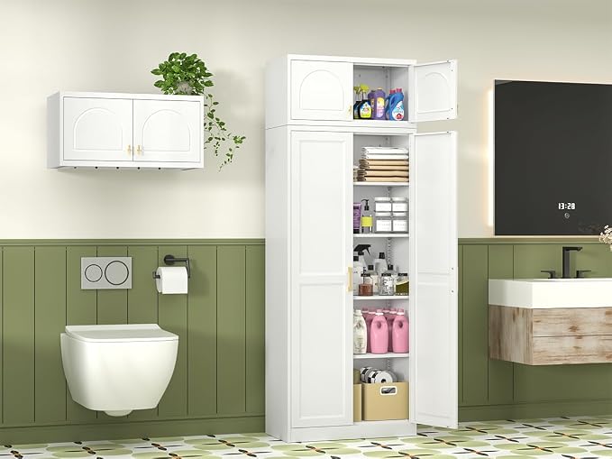 Polup Kitchen Pantry Cabinet, 86 Inch Tall Metal Storage Cabinet, Food Pantry cabinets with Doors and Shelves, White Storage Cabinets for Living, Dining, Office, Bathroom, Garage, Assembly Required