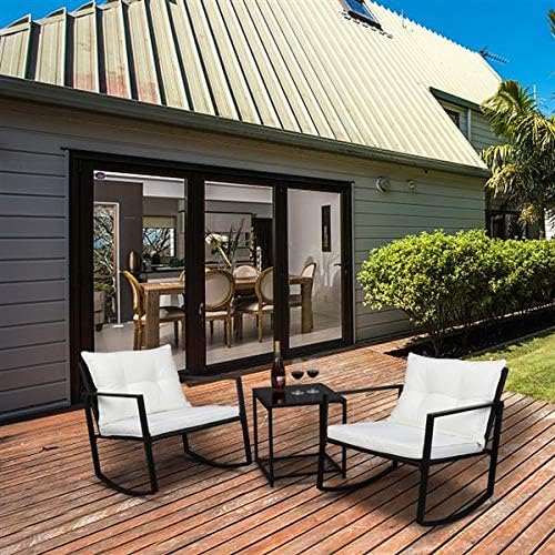 3 Pieces Patio Furniture Set, Outdoor Swivel Gliders Rocker, Glass Top Side Table and Thickened Cushions for Porch Deck Backyard (Black Vine)