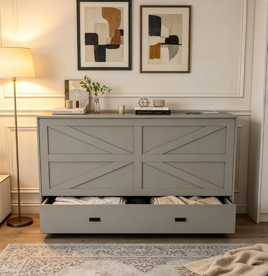 Bellemave Full Murphy Bed with Mattresses and Charging Stations and Storage Drawer, Farmhouse Murphy Cabinet Bed with Foldable Panel, Noisy Free, for Guest Bedroom, Living Room, Gray