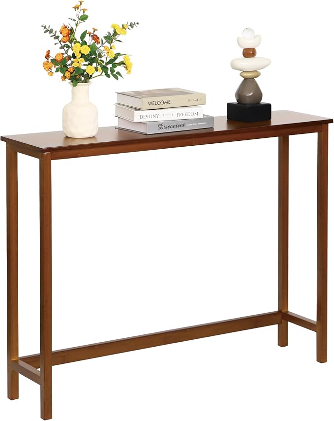Bamboo Narrow Console Table, 39.4"(L) Wood Small Entryway Table, Accent Slim Hallway Tables, Thin Sofa Side Tables for Hallway, Living Room, Bedroom, Foyer, Walnut