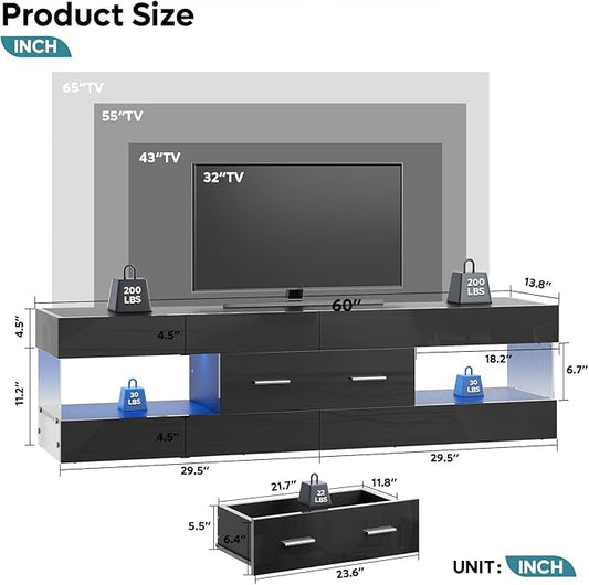 Bestier Black TV Stand for 55/60/65 Inch TV, High Gloss Modern TV Stand with Stone-Patterned Side Panels, LED Entertainment Center with Large Drawer, TV Consoles for Living Room, Bedroom