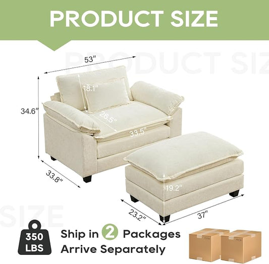 Oprisen 53" Modular Sectional Sofa, Comfy Cloud Couch Sectional Sofa with Ottoman, Chenille Sofa Sleeper Deep Seat Sofa with Throw Pillows for Living Room (Beige White)