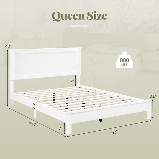Giantex Wood Queen Platform Bed Frame with Headboard, Mid Century Bed Frame with Solid Wood Legs & Wooden Slat Support, No Box Spring Needed, White Bed