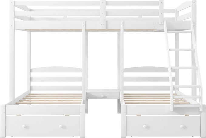 VilroCaz Wood Bed Bunk Bed with 2 Storage Drawers for 3, Full Over Twin & Twin Bunk Bed Frame with Built-in Middle Drawer, Guardrail and Ladder for Kids Teens Adults, Maximized Space Design
