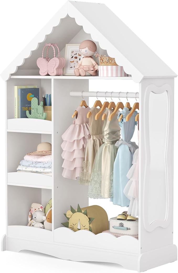 Curipeer Dollhouse Kids Dress Up Storage with Full-Length Mirror & Touch Activated Light, Open Hanging Kids Wardrobe Closet, Toddler Dress up Rack, Armoire Costume Organizer for Playroom, White