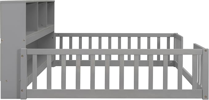 Bellemave Kids Montessori Floor Bed,Full Size Floor Bed with Bookcase and Shelves,Full Bed Frame with Guardrails for Kids,Girls,Boys,Full,Gray