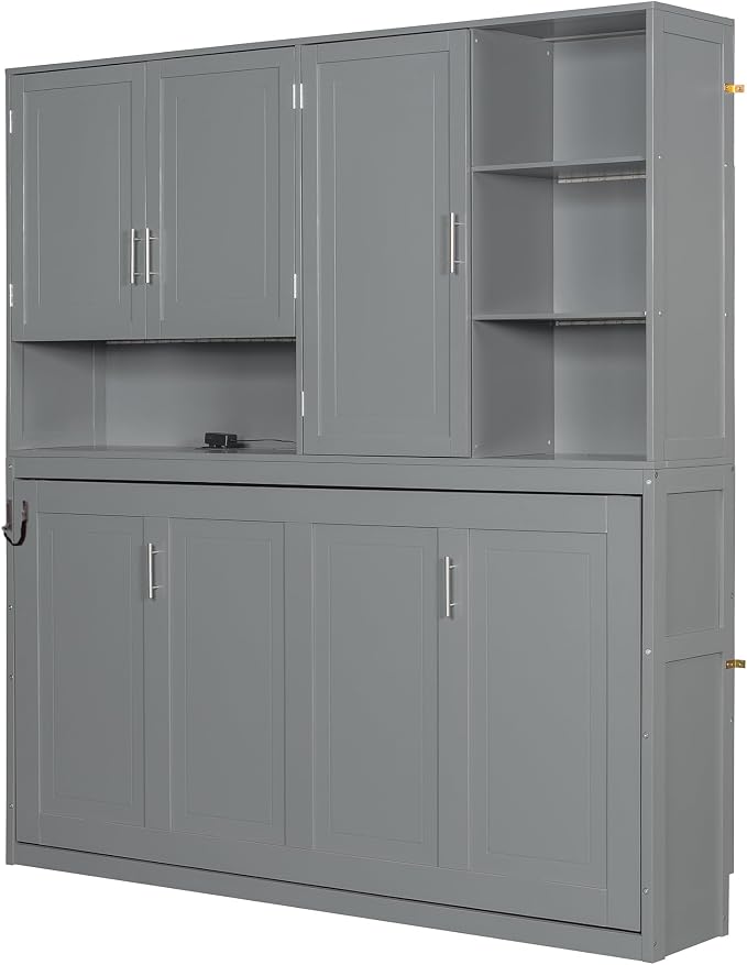 Ball & Cast Murphy Bed Twin Bed Frame with Top Cabinet,Hideaway Bedframe w/Shelves and Dual-Piston Metal Folding Mechanism,Space Saving Foldable Bed w/Light & USB,for Small Room,Gray