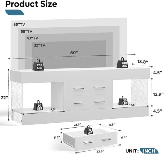 Bestier Modern 60 Inch TV Stand for 65/60/55+ TV, High Gloss White Entertainment Center with 2 Drawers & LED Lights, Stone-Pattern Side Panels TV Consoles for Living Room, Bedroom