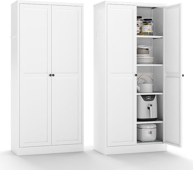 61" H White Metal Kicthen Pantry Storage Cabinet 5-Tier Cupboard | Pantry with 2 Doors & 4 Adjustable Shelves, Tall Metal Locker for Kitchen, Living Room, Garage, Assembly Require