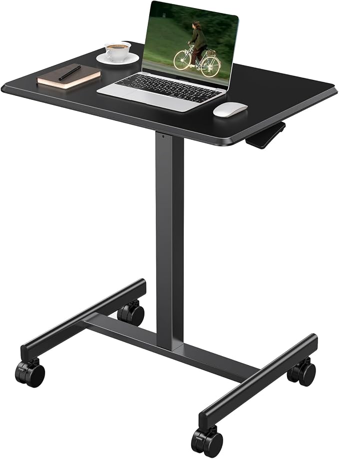 DUMOS Mobile Small Standing Desk, Portable Rolling Laptop Desk with 2 Lockable Wheels, Adjustable Height Computer Workstation for Home Office, 19 Inch Black