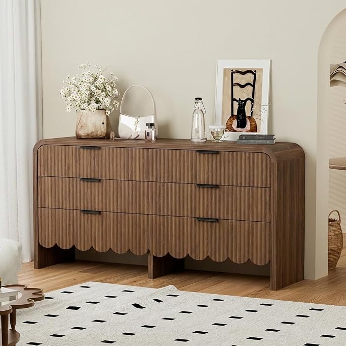 59" Scalloped Walnut Dresser for Bedroom,Fluted 6 Drawer Dressers, Chest of Drawers Espresso Dresser for Nursery and Kids Room, Living Room,TV Stand