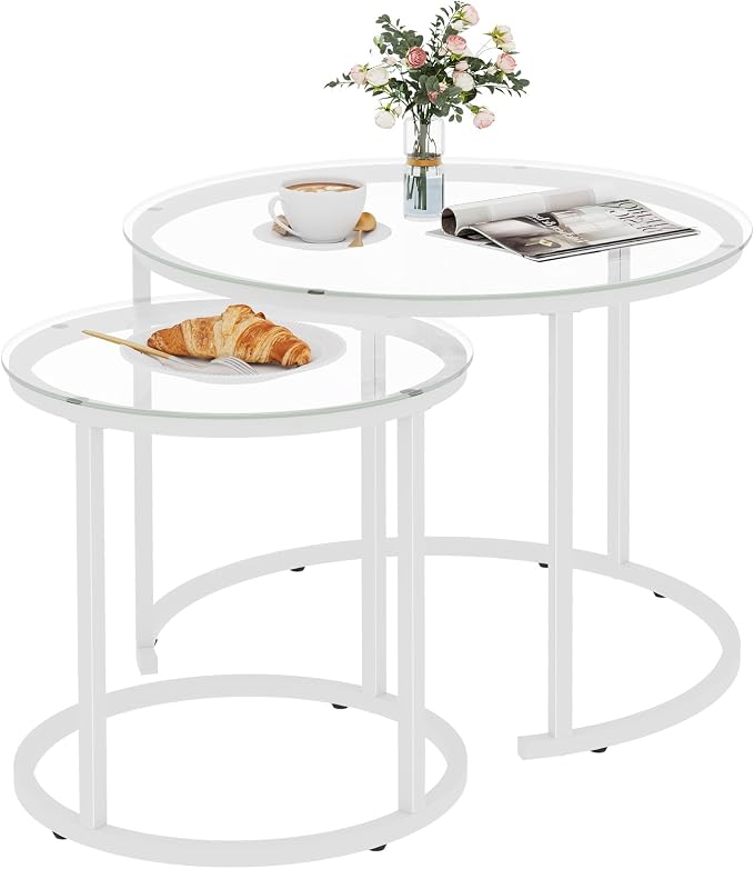 aboxoo White Nesting Glass Table Set of 2, Small Glass Round Nesting Tables for Living Room Bedroom, Accent Tea Table with Metal Frame Modern Industrial Simple