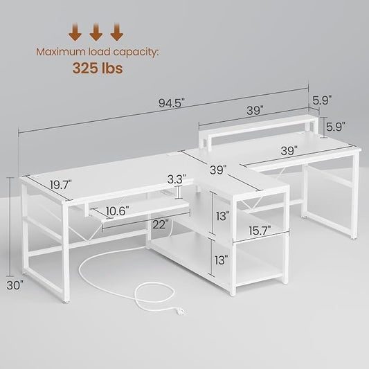 SEDETA 94.5" White Computer Desk, Two Person Gaming Desk with LED Light, Keyboard Tray, Power Strip with USB, Monitor Shelf & Storage, Extra Long Double Desk for Home Office, White