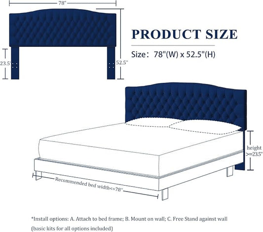 Furpopup Velvet Upholstered Headboard King/Cal King Size Latest Model Wall Mount, Bed Frame Mount, Featuring High-Density Sponge Padding, Luxury Texture Easy Assembly Comfort and Style-Navy Blue